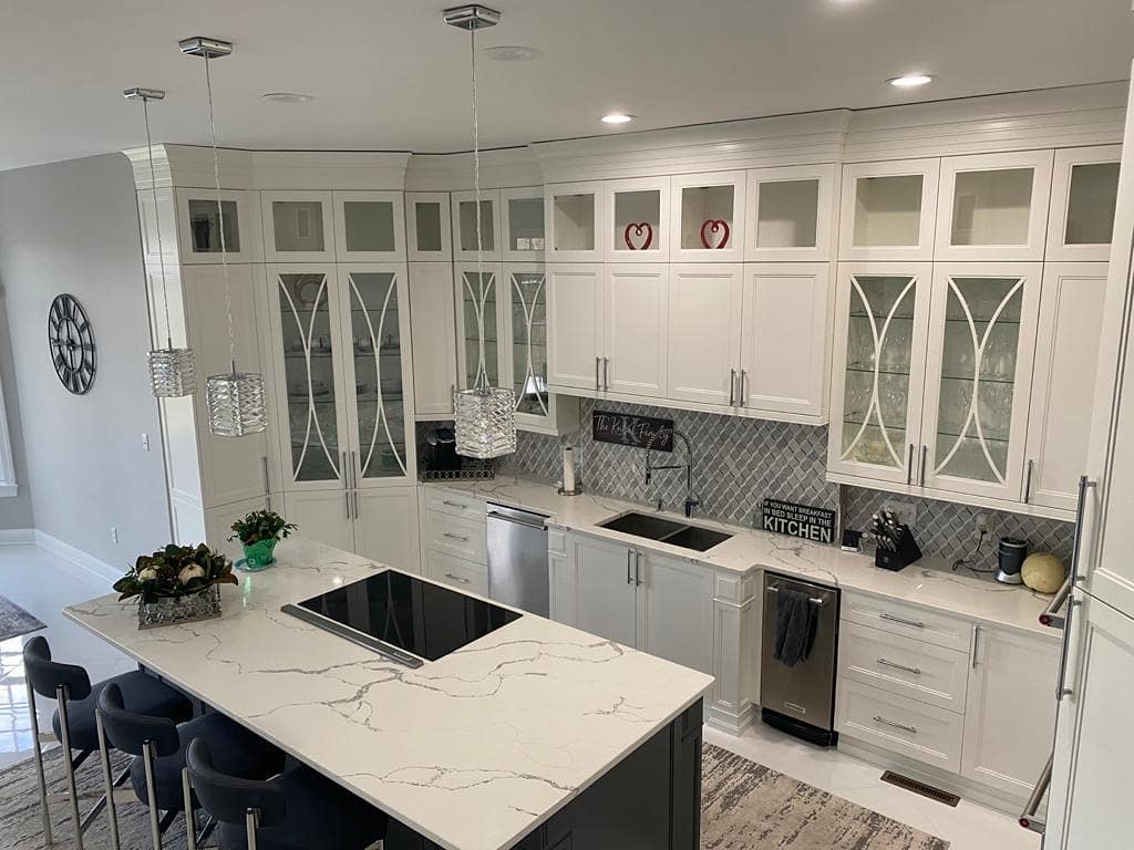 white countertops and cabinets